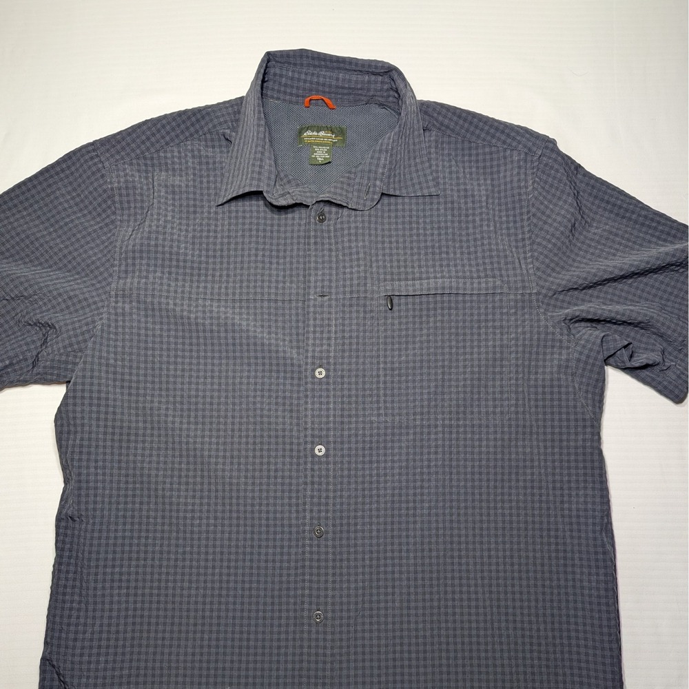 Eddie Bauer Men Large Tall Short Sleeve Hiking Shirt Grey Plaid Ventilated LT